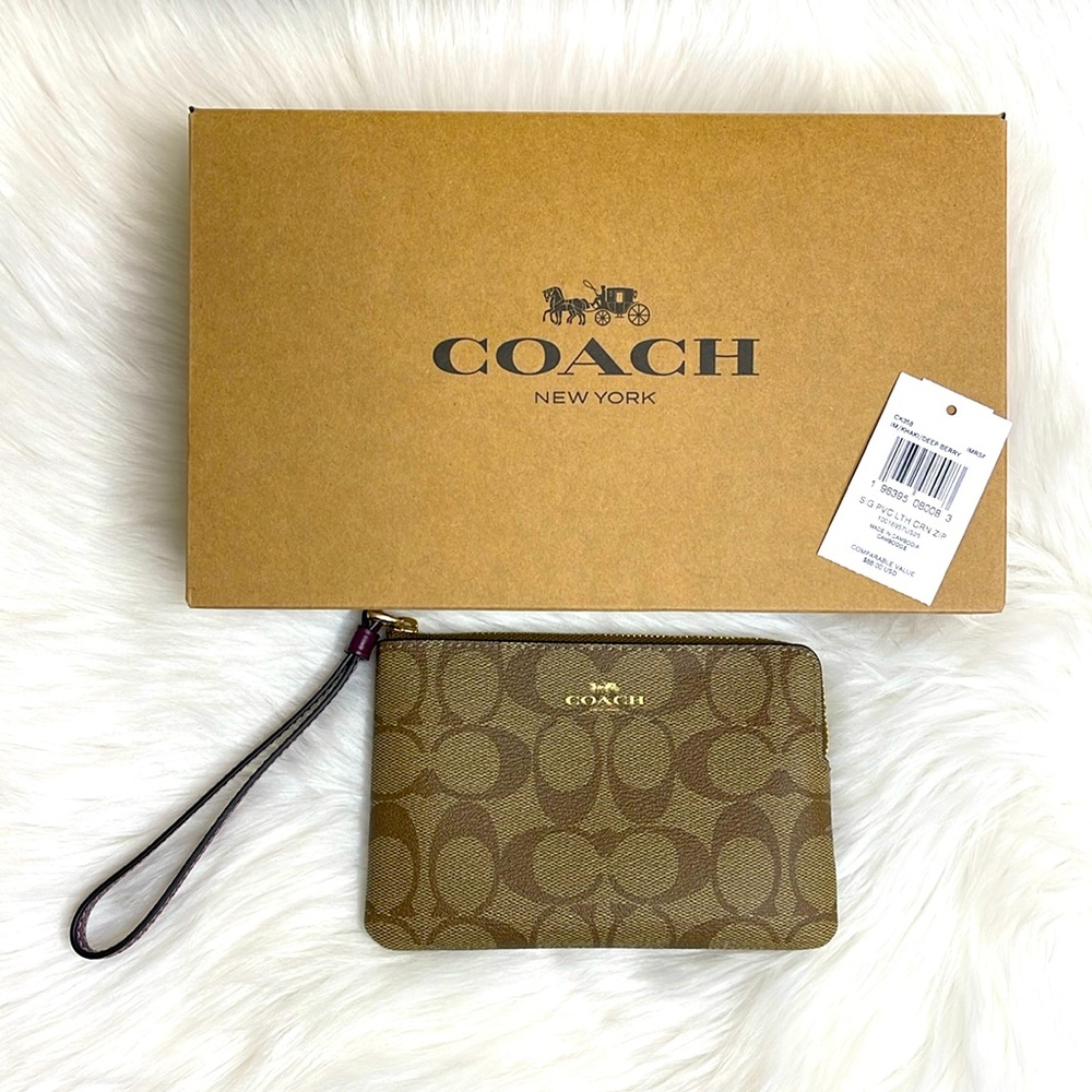 NEW! COACH LIMITED EDITI SIGNATURE LEATHER CORNER ZIP KHAKI DEEP BERRY